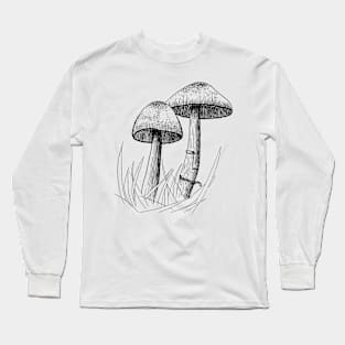 Woodland Wild Mushroom Fungi Black Ink Forest Long Sleeve T-Shirt